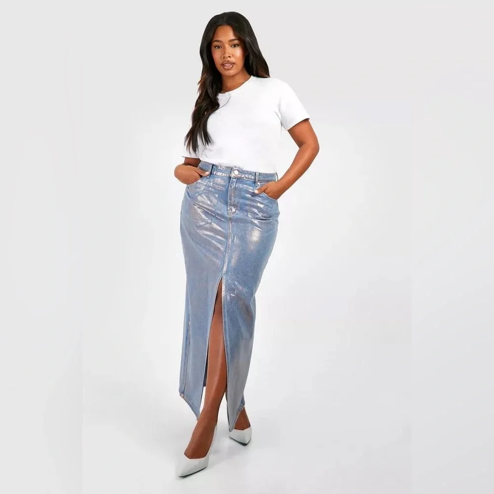 Metallic Denim Maxi Skirt - Picture 1 of 2